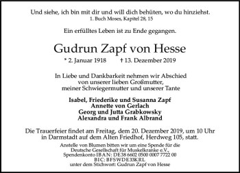 Traueranzeige von Gudrun  Zapf von Hesse von vrm-trauer