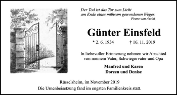 Traueranzeige von Günter Einsfeld von vrm-trauer