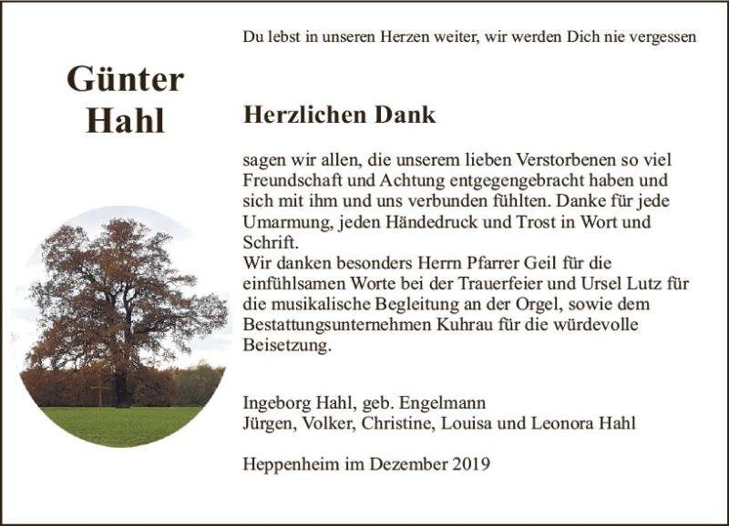  Traueranzeige für Günter Hahl vom 07.12.2019 aus vrm-trauer