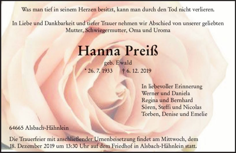  Traueranzeige für Hanna Preiß vom 14.12.2019 aus vrm-trauer