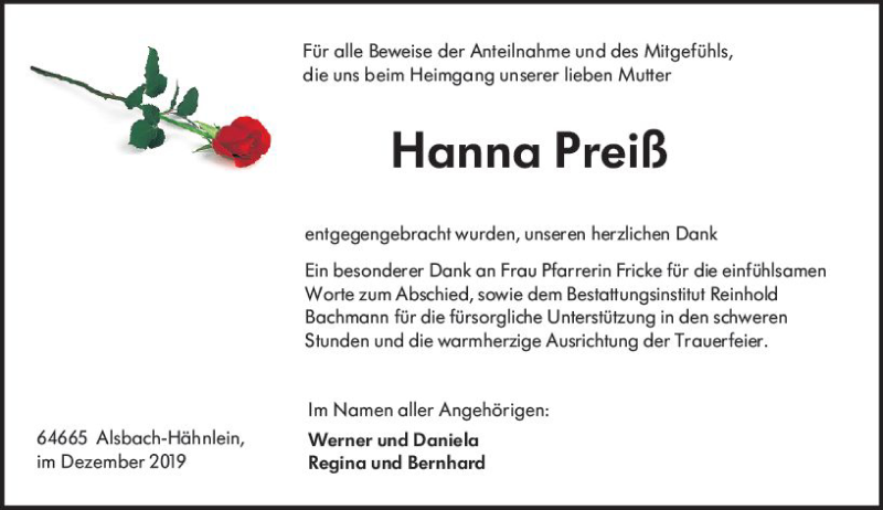  Traueranzeige für Hanna Preiß vom 21.12.2019 aus vrm-trauer