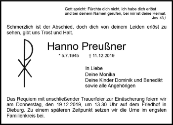Traueranzeige von Hanno Preußner von vrm-trauer