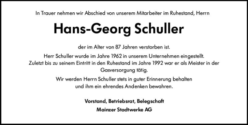  Traueranzeige für Hans-Georg Schuller vom 16.12.2019 aus vrm-trauer