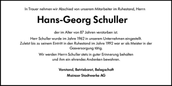Traueranzeige von Hans-Georg Schuller von vrm-trauer