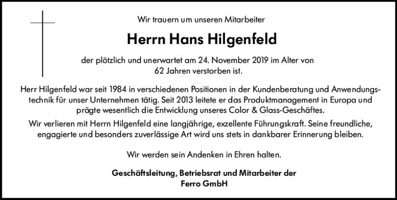  Traueranzeige für Hans Hilgenfeld vom 05.12.2019 aus vrm-trauer