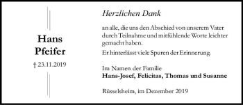 Traueranzeige von Hans Pfeifer von vrm-trauer