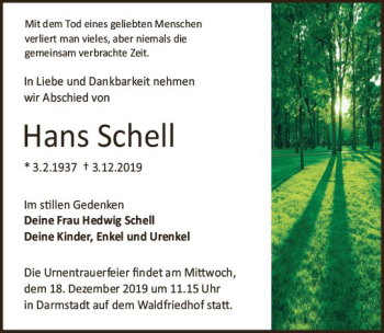 Traueranzeige von Hans Schell von vrm-trauer