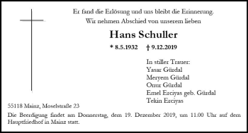 Traueranzeige von Hans Schuller von vrm-trauer