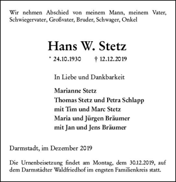 Traueranzeige von Hans W. Stetz von vrm-trauer