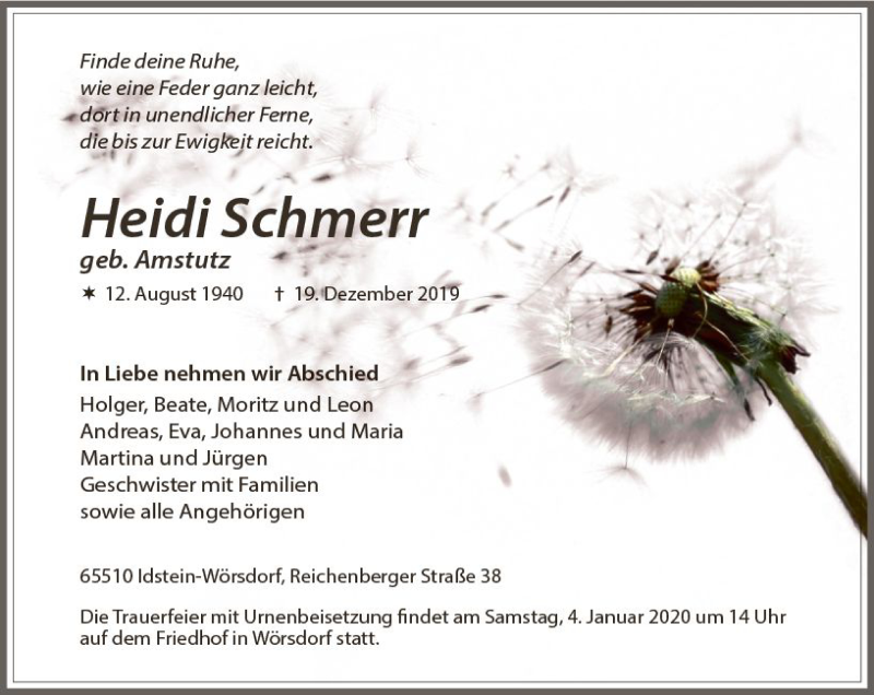 Traueranzeige für Heidi Schmerr vom 28.12.2019 aus vrm-trauer