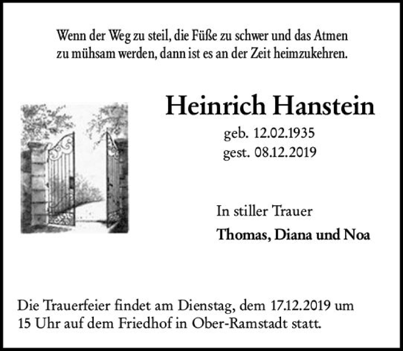  Traueranzeige für Heinrich Hanstein vom 14.12.2019 aus vrm-trauer