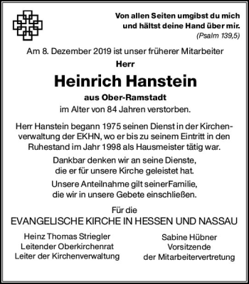 Traueranzeige von Heinrich Hanstein von vrm-trauer