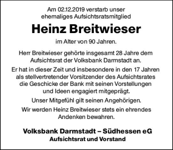 Traueranzeige von Heinz Breitwieser von vrm-trauer
