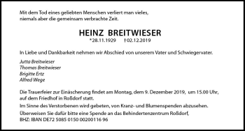 Traueranzeige von Heinz Breitwieser von vrm-trauer