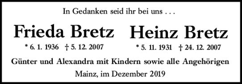  Traueranzeige für Heinz Bretz vom 21.12.2019 aus vrm-trauer