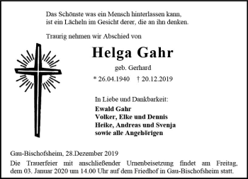 Traueranzeige von Helga Gahr von vrm-trauer