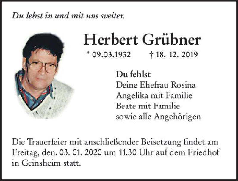  Traueranzeige für Herbert Grübner vom 28.12.2019 aus vrm-trauer