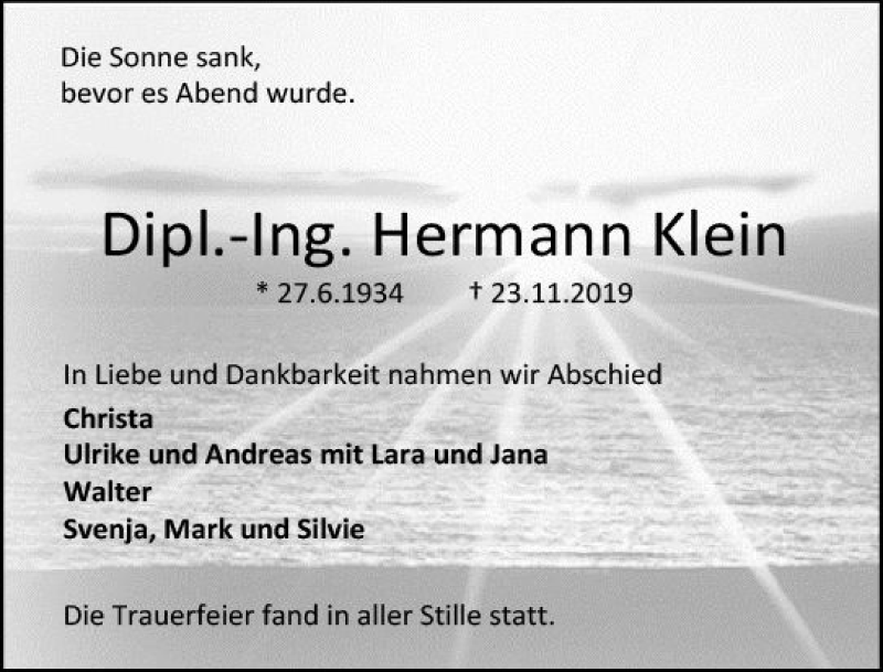  Traueranzeige für Hermann Klein vom 14.12.2019 aus vrm-trauer