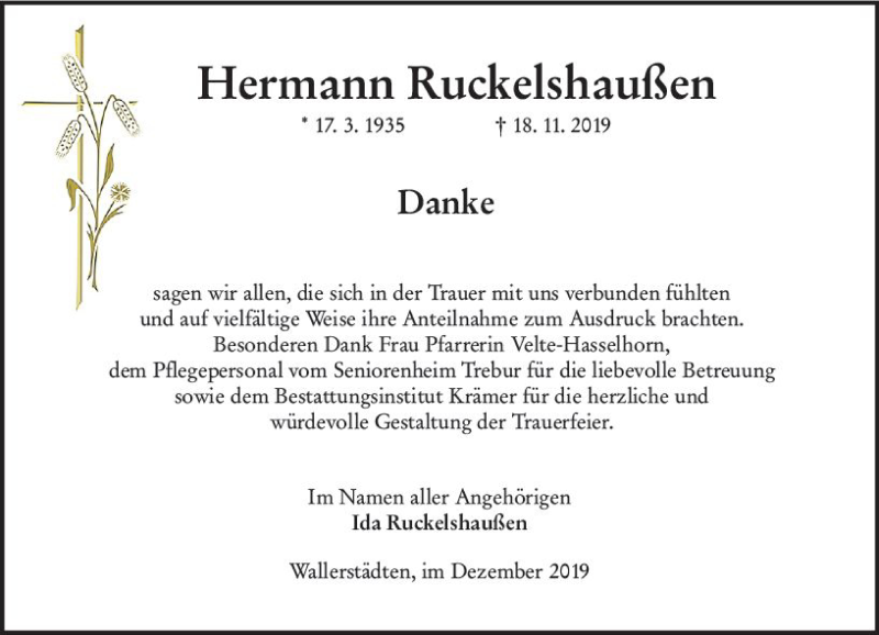 Traueranzeige für Hermann Ruckelshaußen vom 21.12.2019 aus vrm-trauer