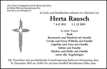 Traueranzeige von Herta Rausch von vrm-trauer