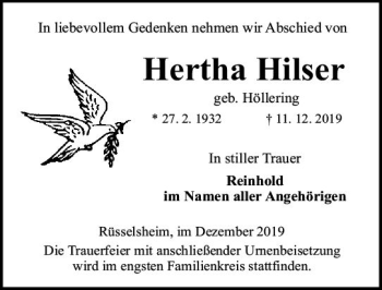 Traueranzeige von Hertha Hilser von vrm-trauer