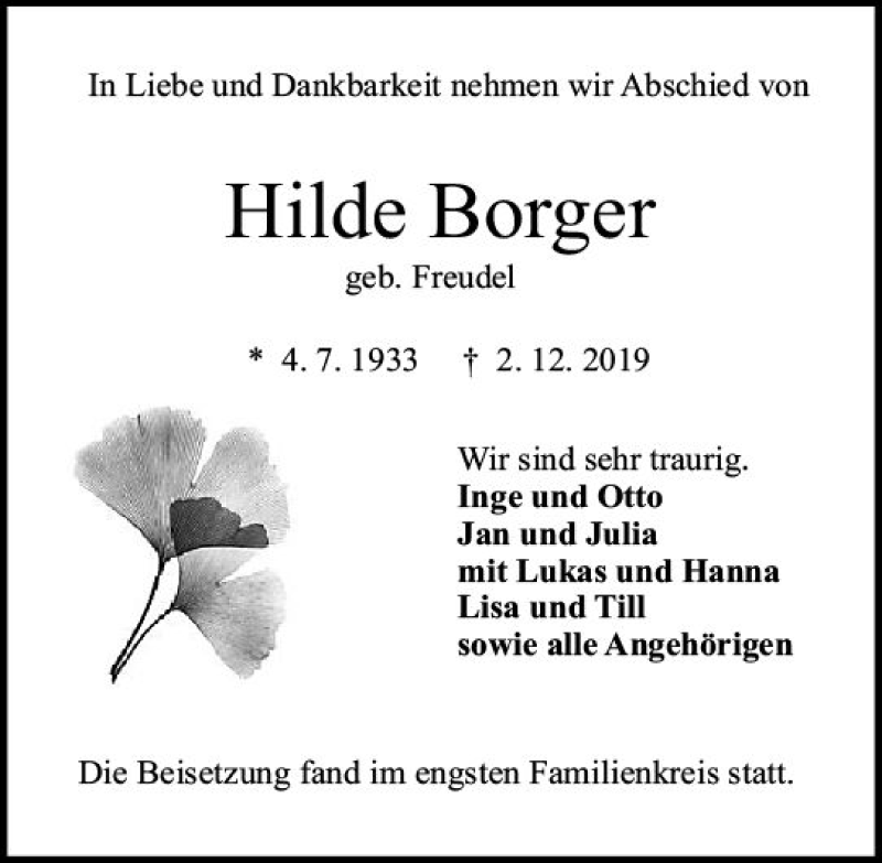  Traueranzeige für Hilde Borger vom 28.12.2019 aus vrm-trauer