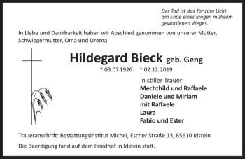 Traueranzeige von Hildegard Bieck von vrm-trauer