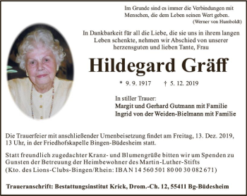 Traueranzeige von Hildegard Gräff von vrm-trauer