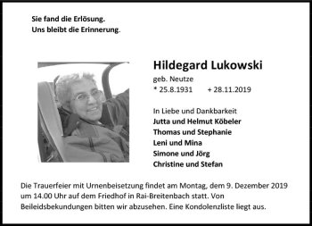 Traueranzeige von Hildegard Lukowski von vrm-trauer