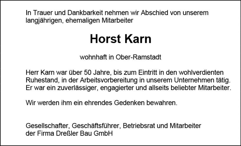  Traueranzeige für Horst Karn vom 21.12.2019 aus vrm-trauer