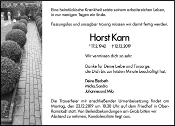 Traueranzeige von Horst Karn von vrm-trauer