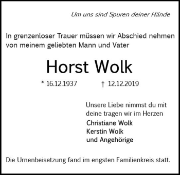 Traueranzeige von Horst Wolk von vrm-trauer