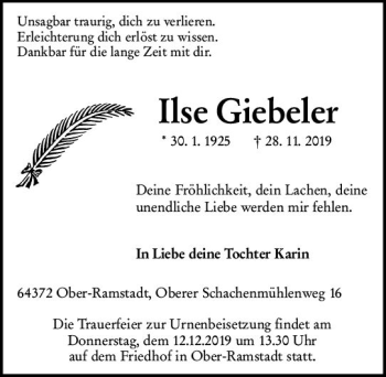 Traueranzeige von Ilse Giebeler von vrm-trauer