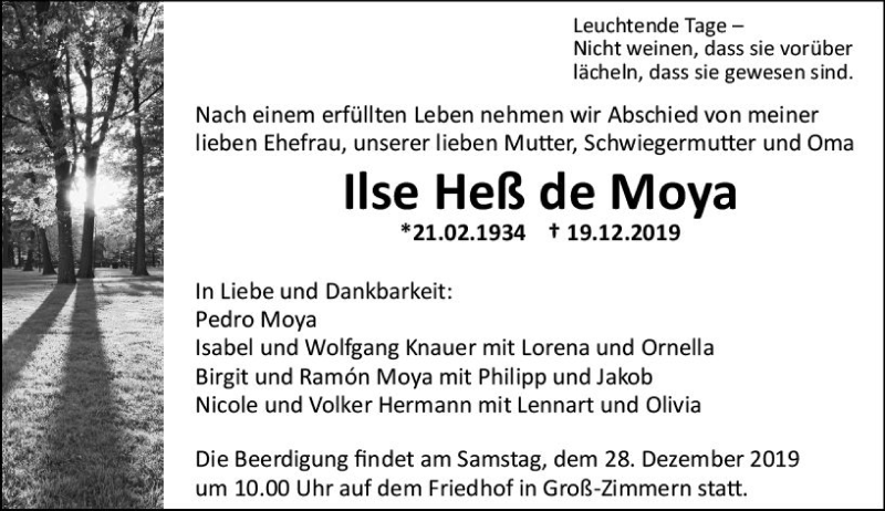  Traueranzeige für Ilse Heß de Moya vom 23.12.2019 aus vrm-trauer