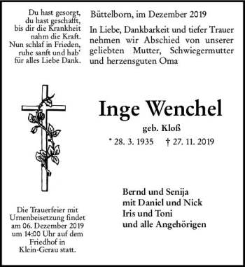 Traueranzeige von Inge Wenchel von vrm-trauer