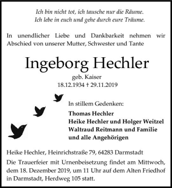 Traueranzeige von Ingeborg Hechler von vrm-trauer