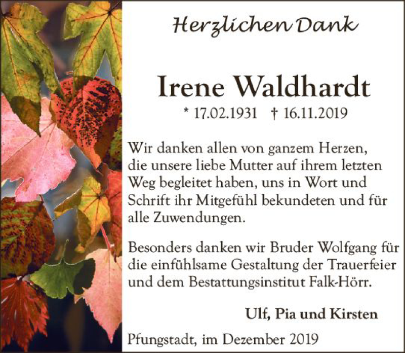  Traueranzeige für Irene Waldhardt vom 14.12.2019 aus vrm-trauer