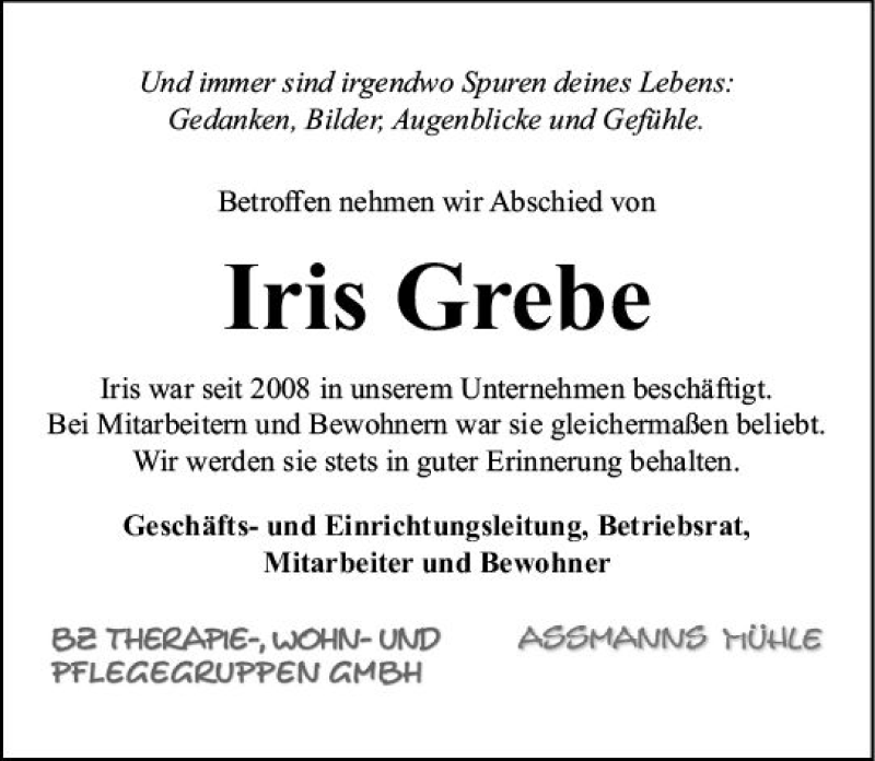  Traueranzeige für Iris Grebe vom 19.12.2019 aus  Hinterländer Anzeiger