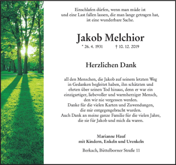 Traueranzeige von Jakob Melchior von vrm-trauer