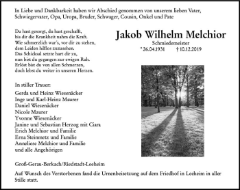 Traueranzeige von Jakob Wilhelm Melchior von vrm-trauer