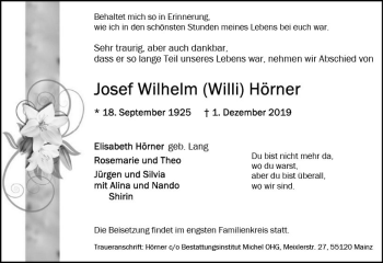 Traueranzeige von Josef Wilhelm Hörner von vrm-trauer
