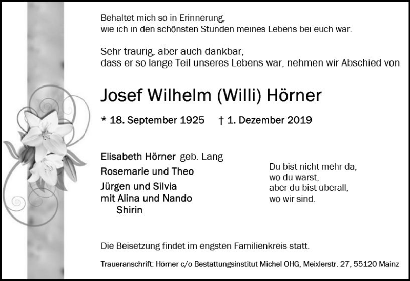  Traueranzeige für Josef Wilhelm Hörner vom 07.12.2019 aus vrm-trauer