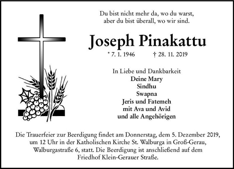  Traueranzeige für Joseph Pinakattu vom 02.12.2019 aus vrm-trauer