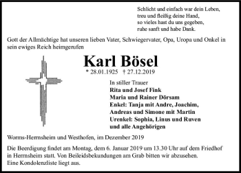 Traueranzeige von Karl Bösel von vrm-trauer