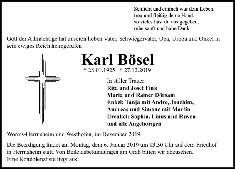  Traueranzeige für Karl Bösel vom 30.12.2019 aus vrm-trauer