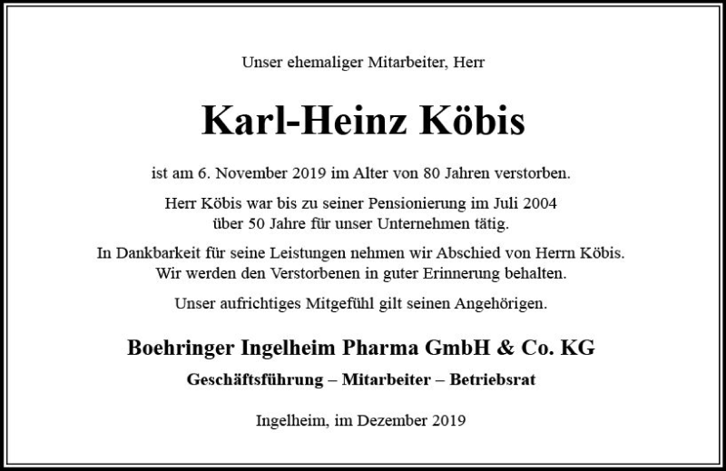  Traueranzeige für Karl-Heinz Köbis vom 21.12.2019 aus vrm-trauer
