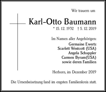 Traueranzeige von Karl Otto Baumann von  Dill Block