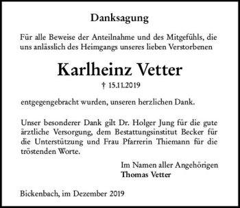 Traueranzeige von Karlheinz Vetter von vrm-trauer
