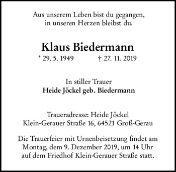 Traueranzeige von Klaus Biedermann von vrm-trauer