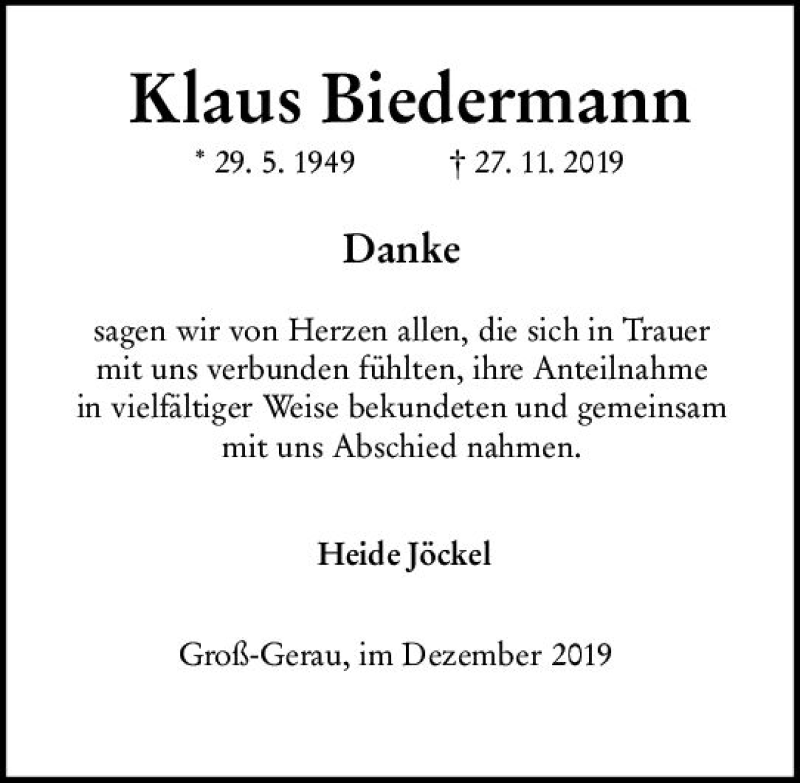  Traueranzeige für Klaus Biedermann vom 21.12.2019 aus vrm-trauer